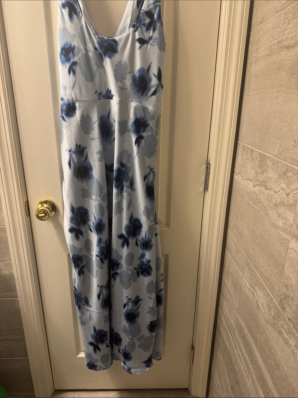 Light Blue Floral Draped Cowl Neck Maxi Dress With Slit On The Side